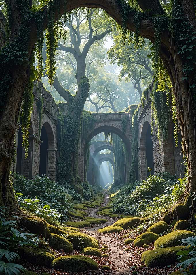 Overgrown Ancient Ruins with Sunbeams