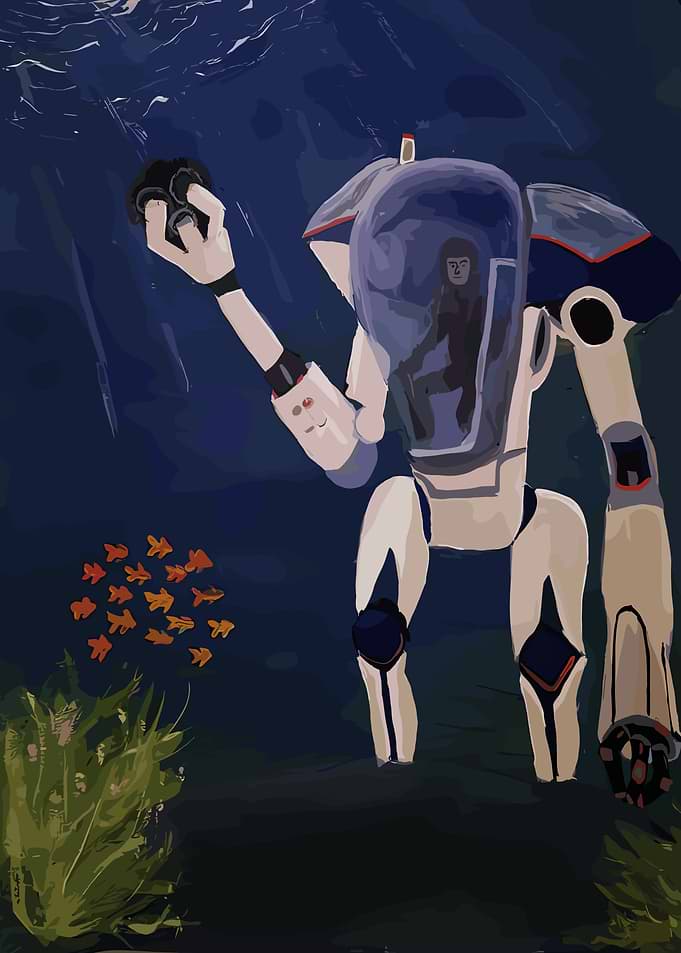 Mech suit exploring underwater