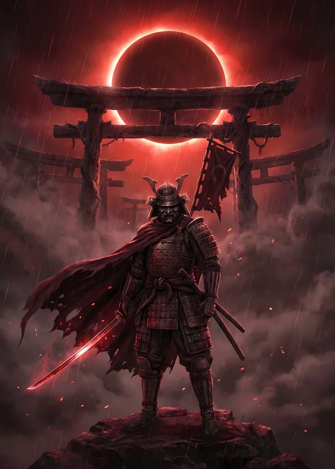 Samurai Warrior Under Red Eclipse