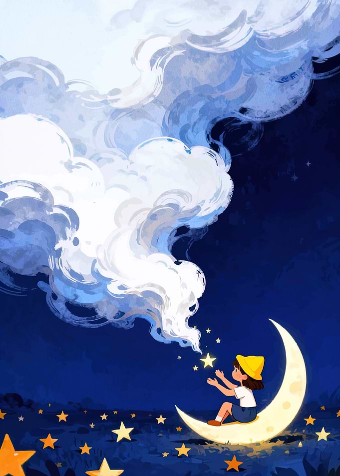 Child Reaching for Stars on Moon