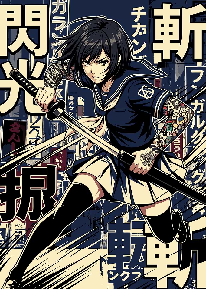 Anime Girl with Katana and Tattoos