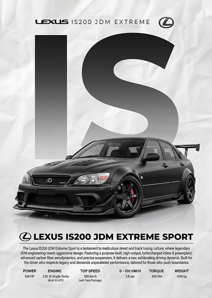 A striking dark matte black Lexus IS200 JDM Sport poster