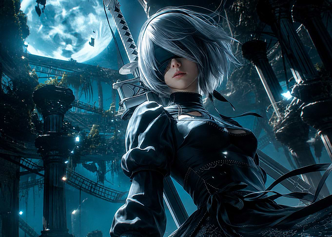 2B from NieR:Automata in a Ruined City