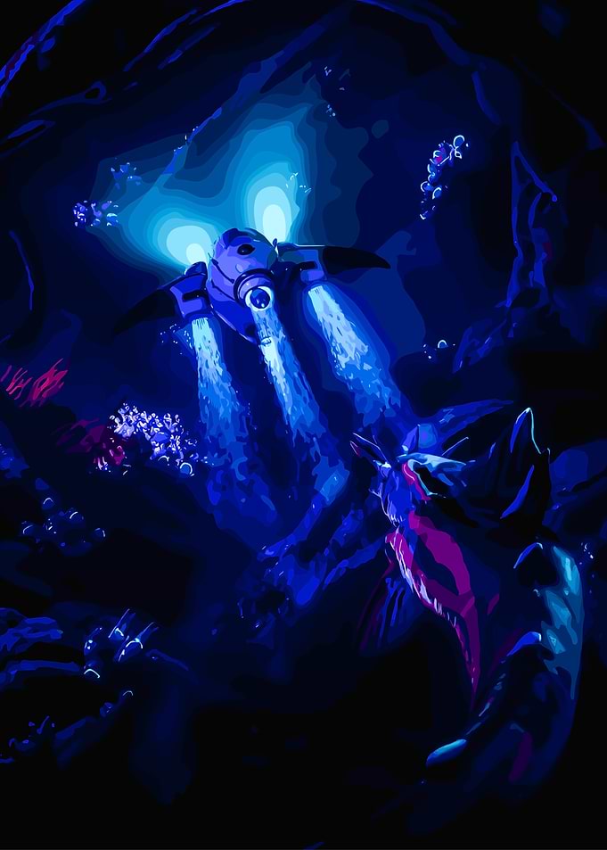 Subnautica Underwater exploring a dark cave