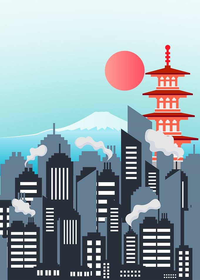 Japanese Cityscape with Mount Fuji