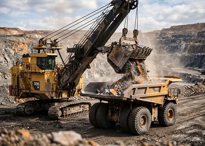 Mining excavator loading dump truck