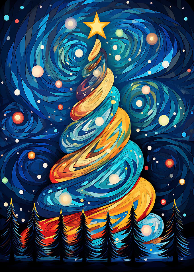 Whimsical Christmas Tree in Starry Night Sky