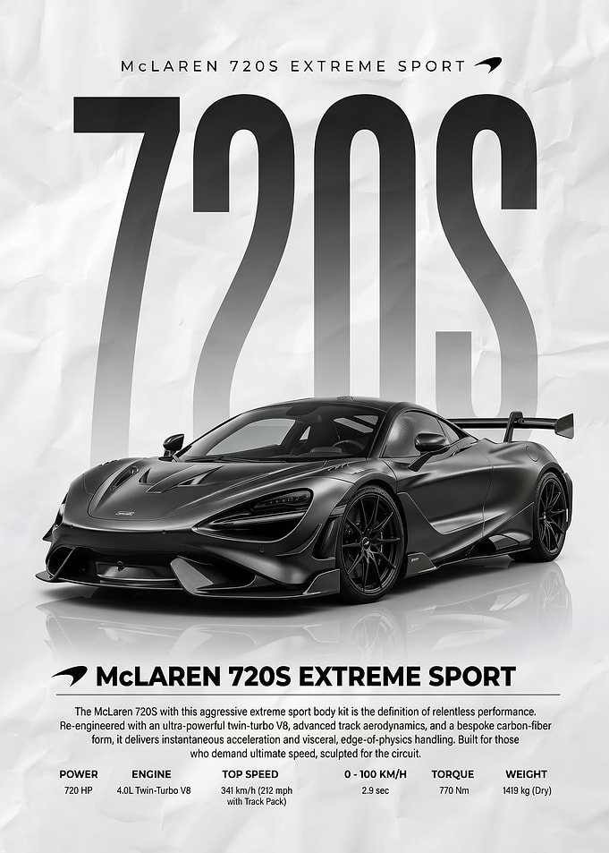 sleek McLaren 720S Extreme Sport Car poster