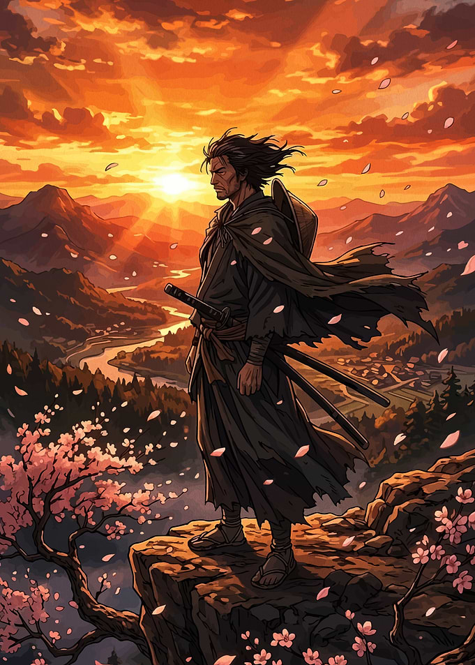 Samurai Overlooking Valley at Sunset