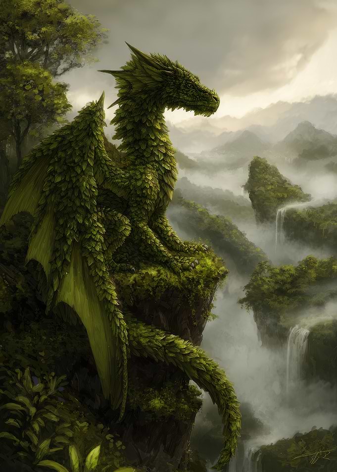 Green Dragon Overlooking Misty Mountains