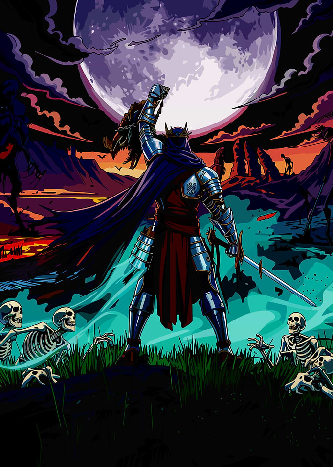 Knight holding a trophy under a full moon