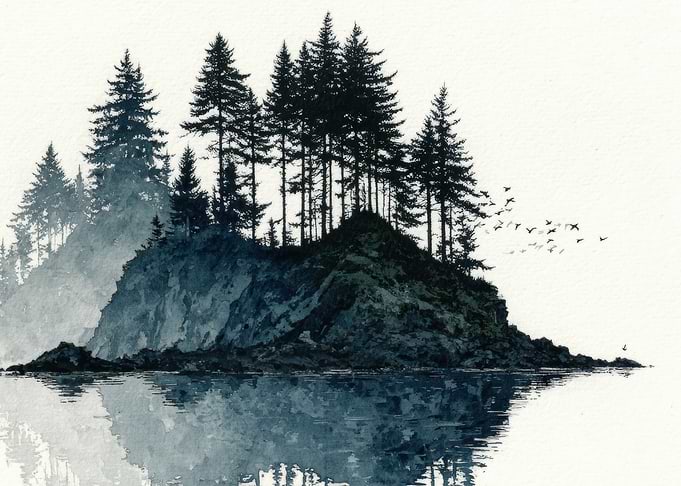 Misty Forest Island Reflection