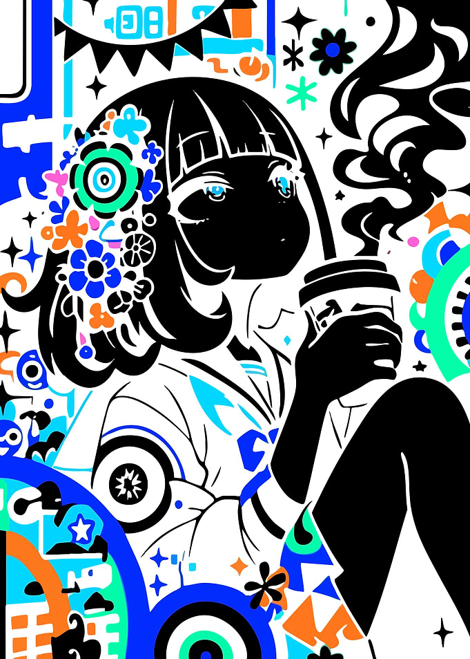 Anime Girl with Coffee and Flowers