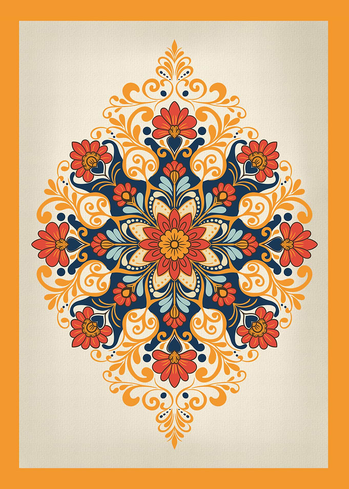 Golden Bloom Mandala – Ornate Folk Floral Art Print