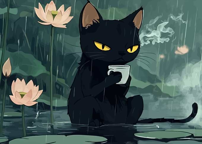 Black Cat Drinking Coffee in the Rain