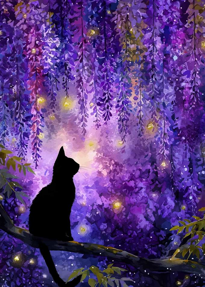 Black Cat in Wisteria