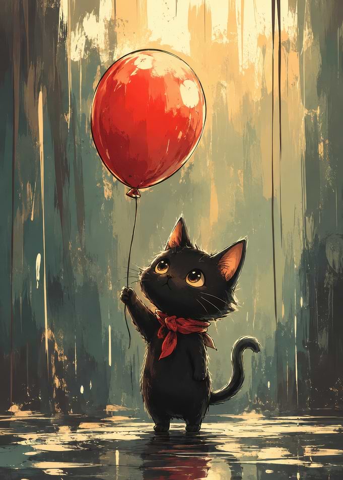 Cute black cat with red balloon