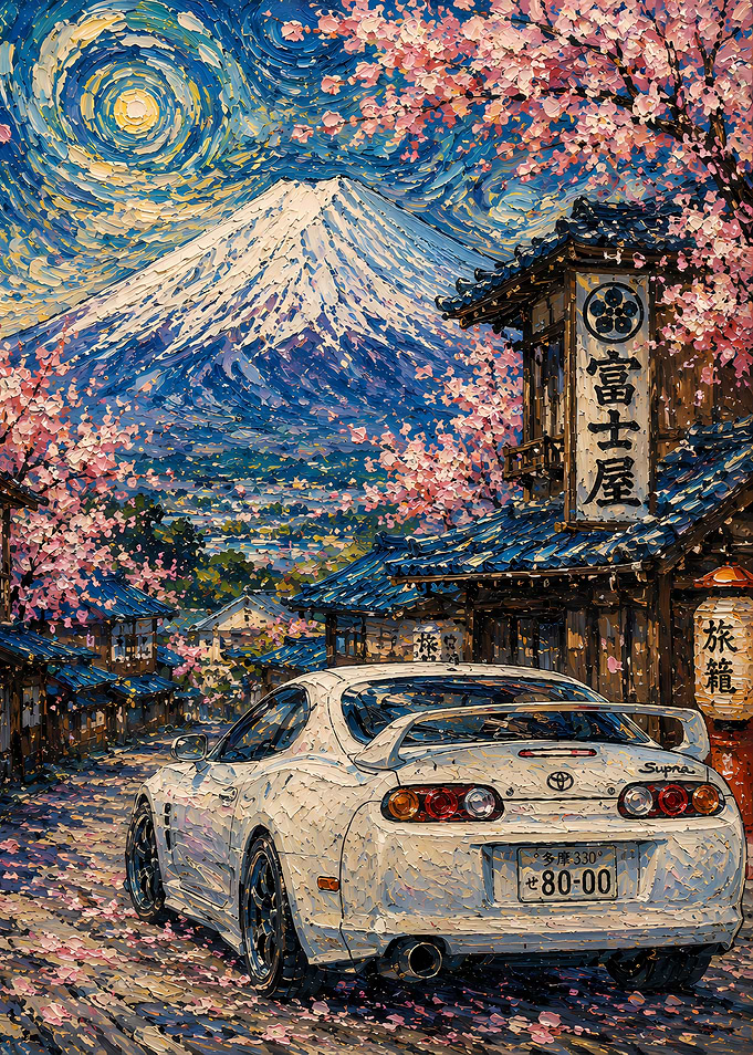 White Supra with Mount Fuji and Cherry Blossoms