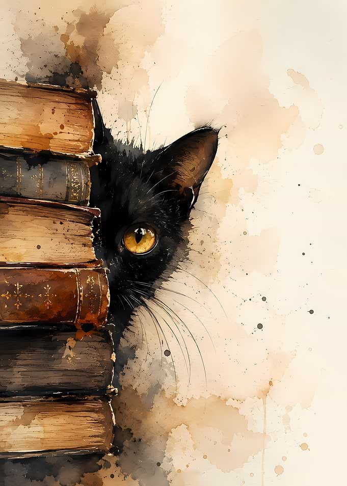 Black cat peeking from behind books