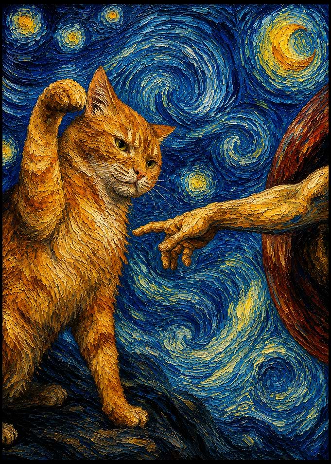 Cat and God's Hand in Starry Night Style