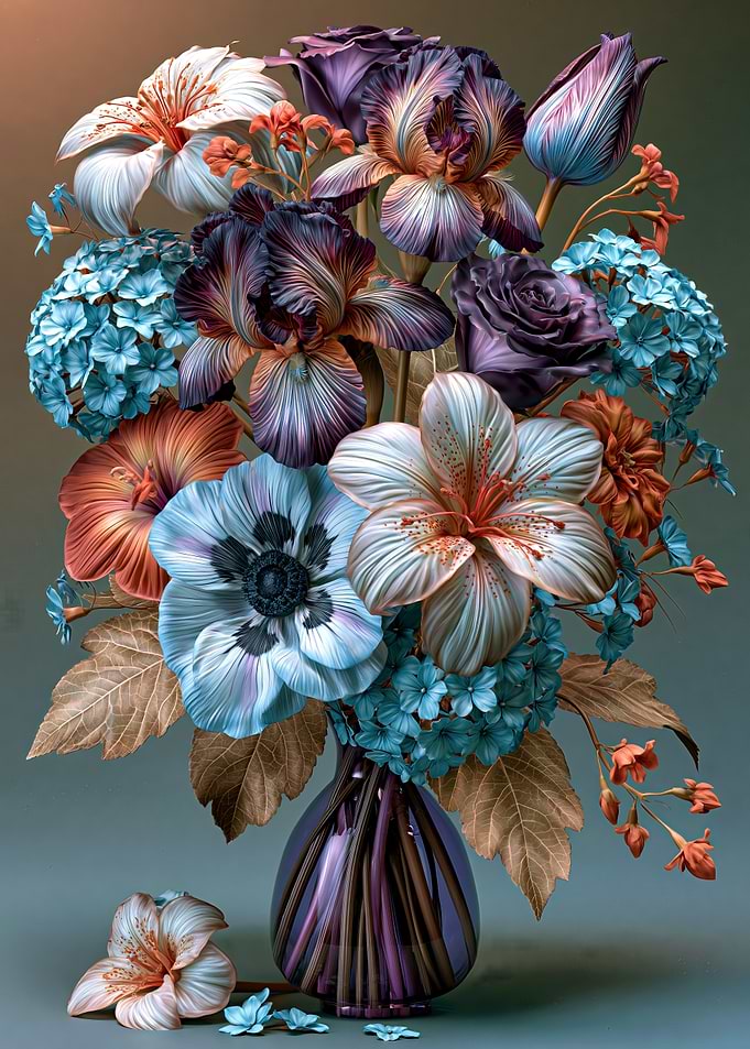 Exotic Floral Arrangement in a Purple Vase