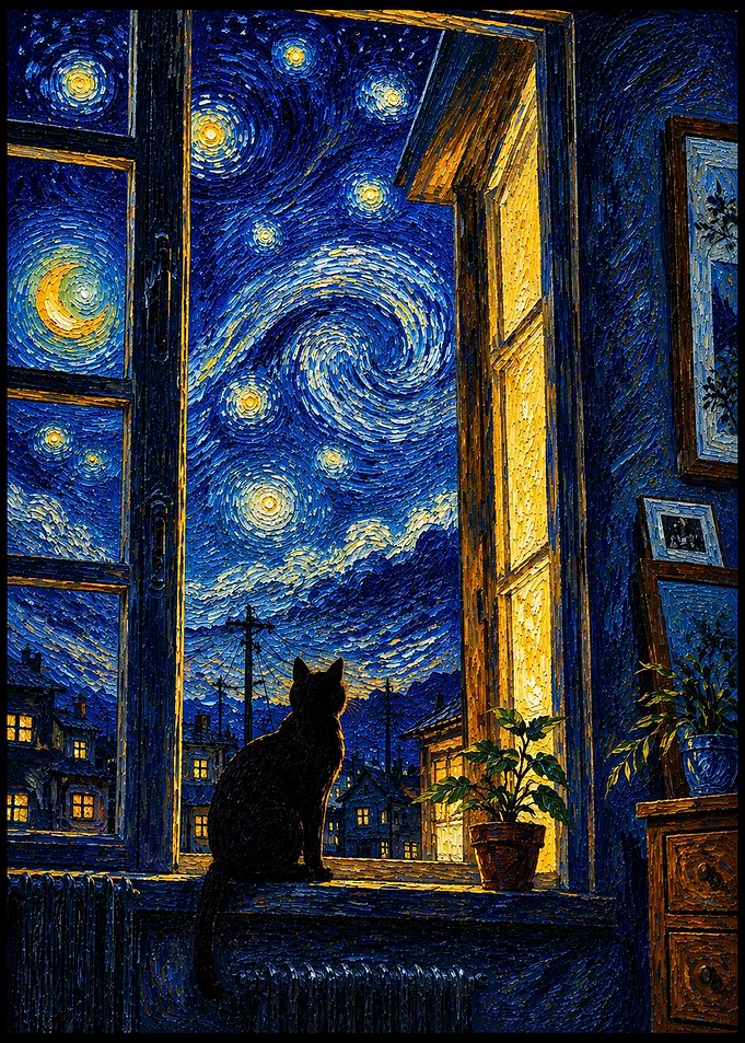 Black Cat Gazing at Starry Night Sky