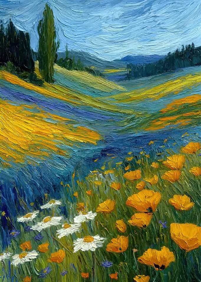 Van Gogh Style Poppy Field Landscape