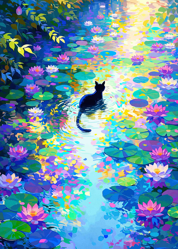 Black Cat in a Lily Pond