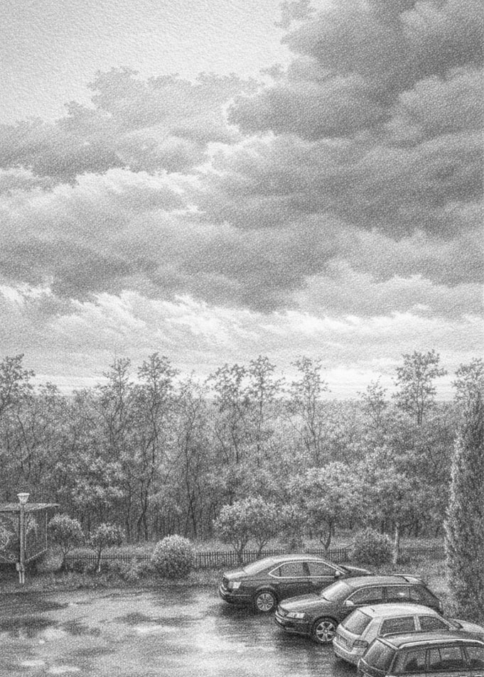 Pencil Drawing of Cars in a Rainy Landscape
