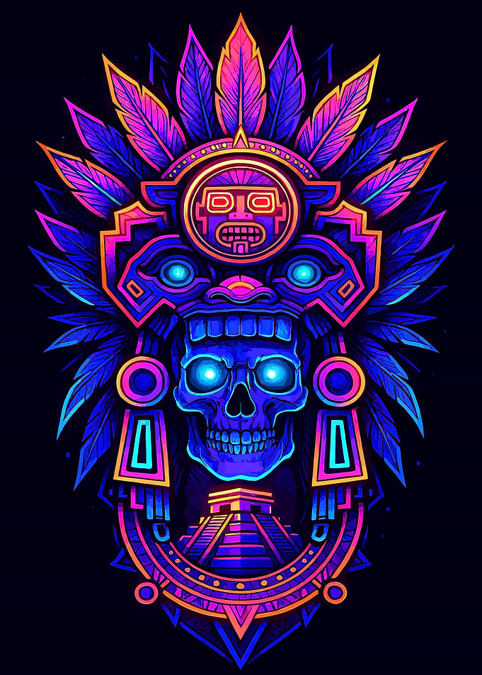 Aztec Skull Headdress with Pyramid