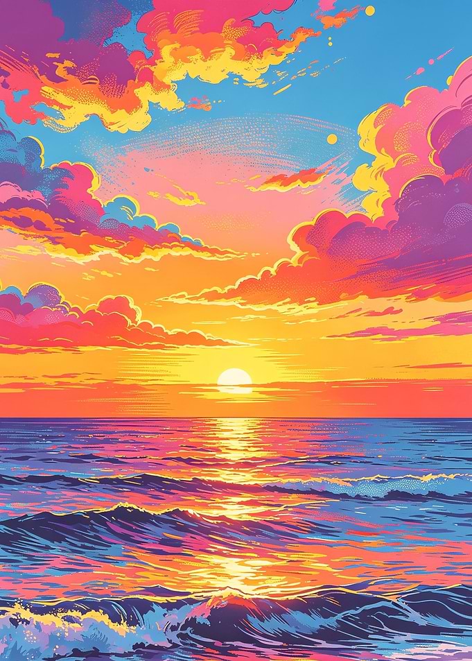 Vibrant Sunset Over Ocean Waves