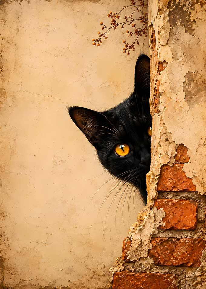 Black cat peeking from behind a wall