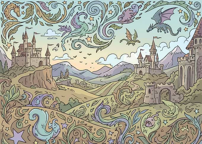 Fantasy Landscape with Dragons and Castles