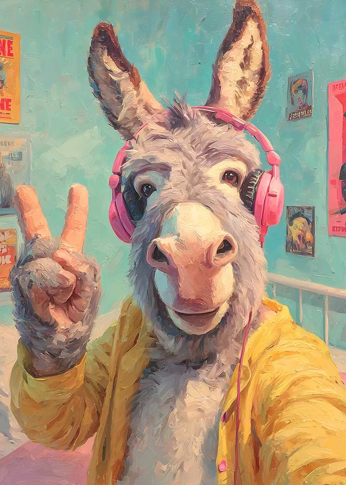 Donkey Wearing Headphones Taking a Selfie