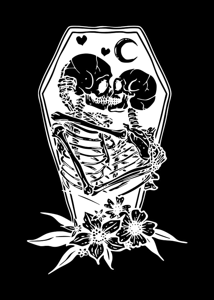 Skeleton Couple in Coffin with Flowers