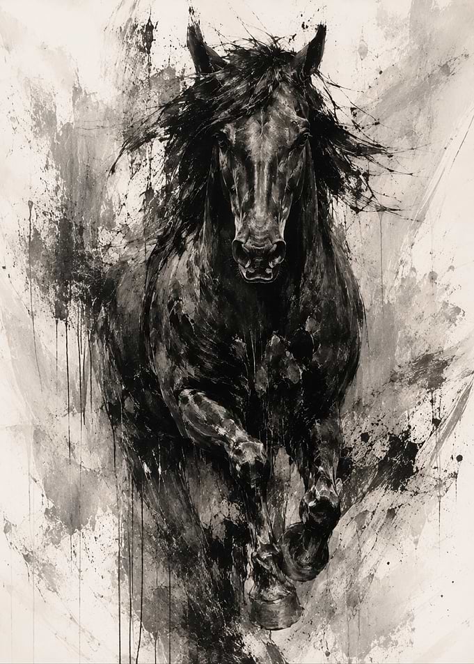 Black Horse Galloping in Ink Splatter
