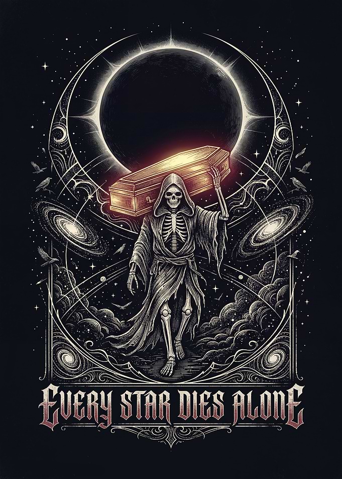Grim Reaper carrying a coffin in space