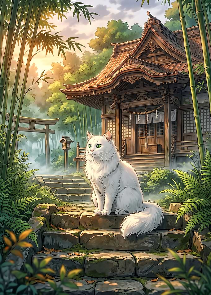 White Cat at Japanese Shrine in Bamboo Forest