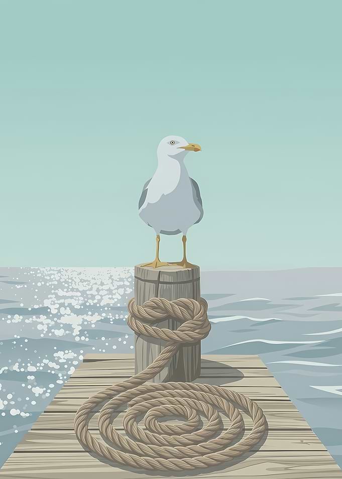 Seagull on a dock with rope