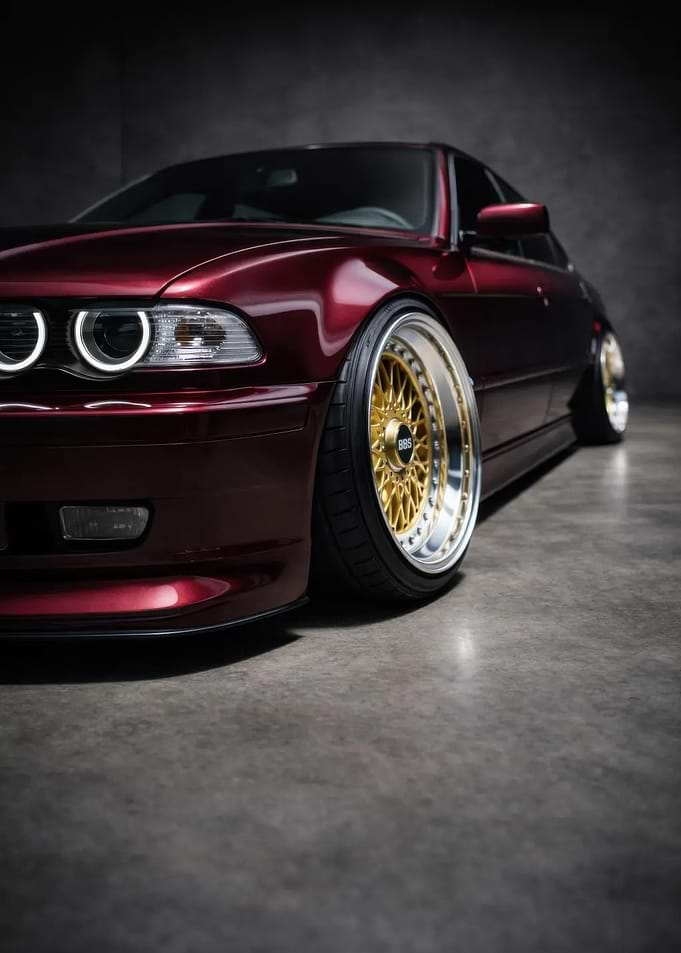 Customized Red Sedan with Gold Wheels