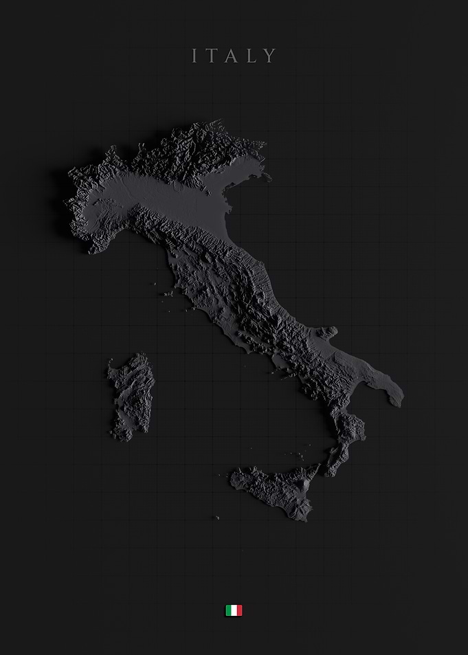 Italy Topographic Map - Dark Shaded Relief, 3D Elevation Poster