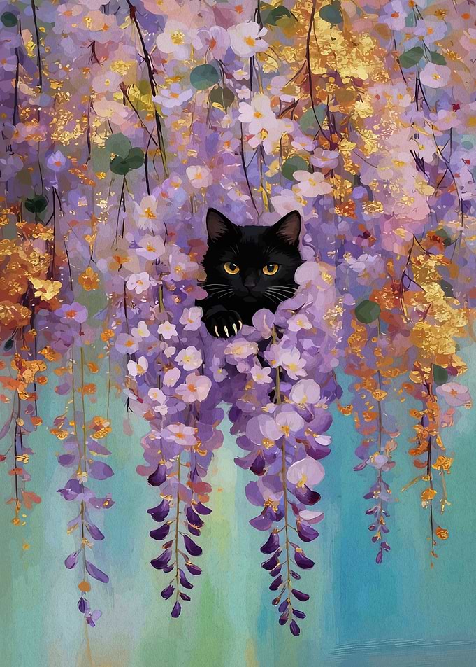 Black Cat Among Wisteria Flowers