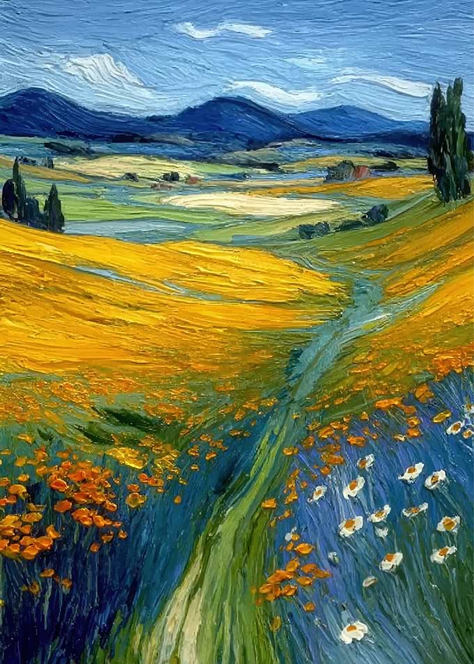 Impressionistic Field of Flowers and Hills
