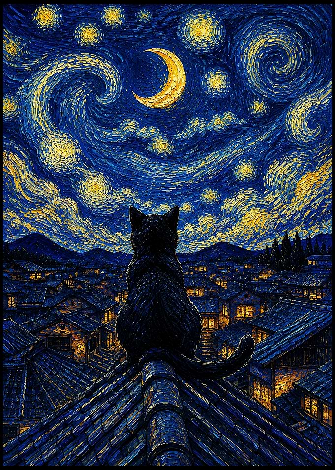 Black Cat on Rooftop Under Starry Night