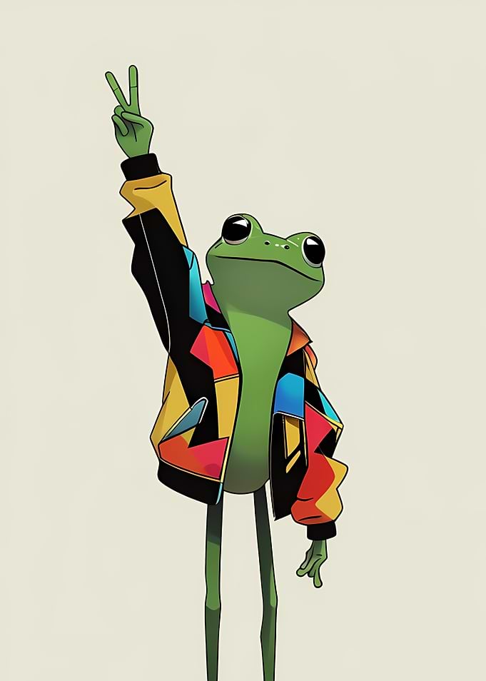 Frog in a colorful jacket making peace sign