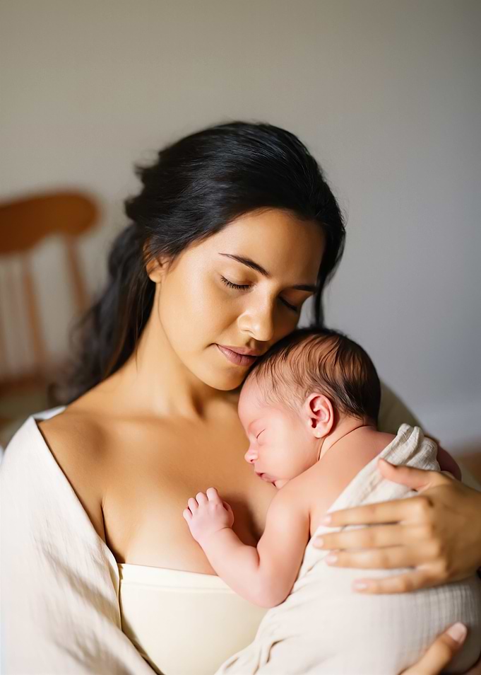 Mother holding sleeping newborn baby