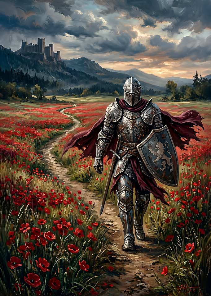 Lone Medieval Knight in Poppy Field at Dusk