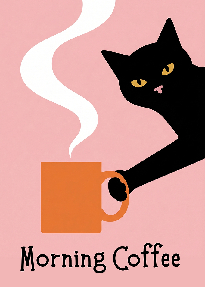 Black Cat with Morning Coffee