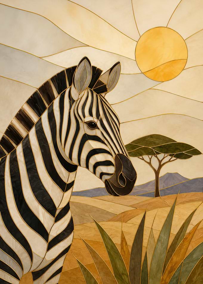 Zebra in African Savannah in Stained Glass
