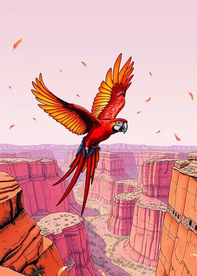 Scarlet Macaw Flying Over Grand Canyon
